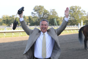 Trainer Tony Margotta, Jr. reacts after Bronx Beauty won the $100,000 Regret Stakes at Monmouth Park. (Bill Denver/EQUI-PHOTO)